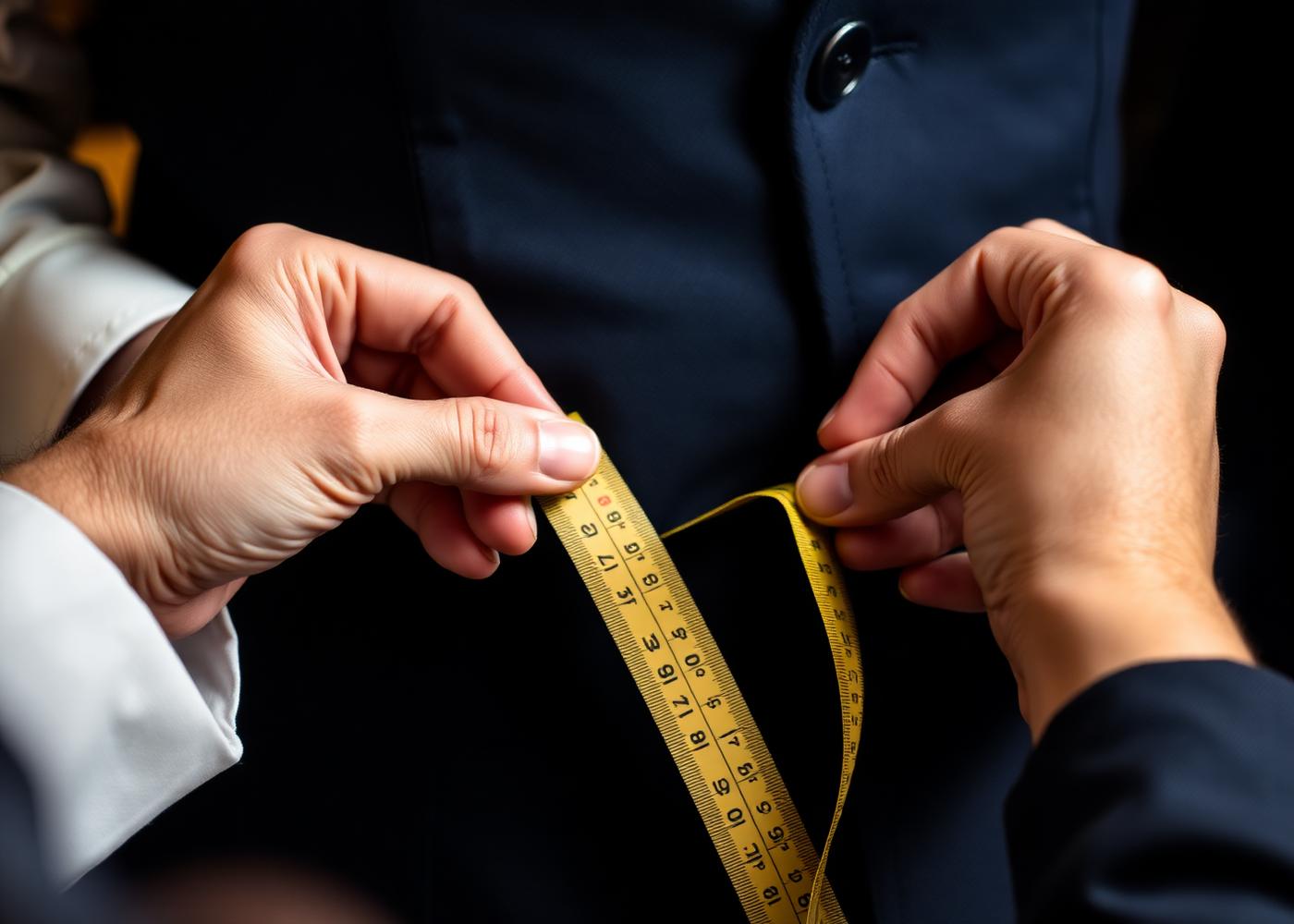 Master tailor measuring premium navy fabric