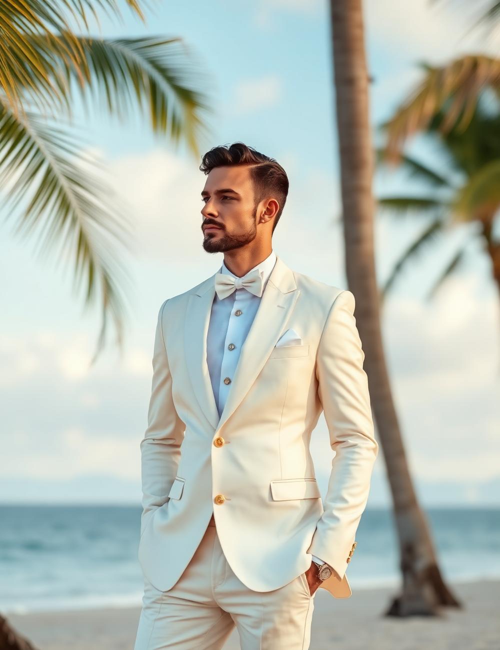 Ivory wedding suit with gold detailing